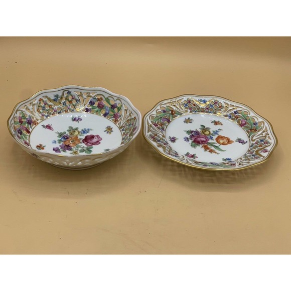 VTG DRESDEN Schumann Porcelain Reticulated Candy/Nut Dish and Bowl Floral Gold - Picture 2 of 13